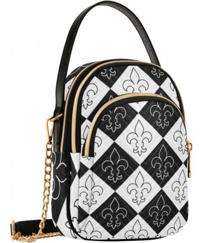 Mardi Gras Cell Phone Purse Fleur De Lis Black White Checker Crossbody Handbag Durable Shoulder Bag Sturdy Travel Pouch Compa...