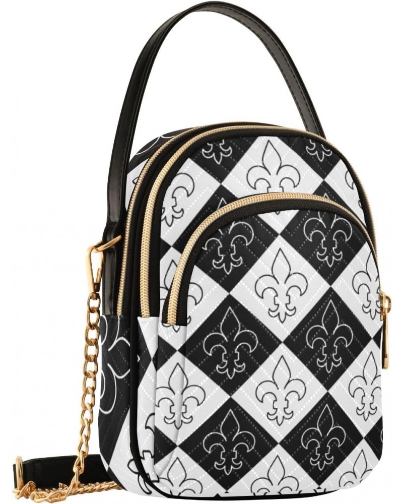 Mardi Gras Cell Phone Purse Fleur De Lis Black White Checker Crossbody Handbag Durable Shoulder Bag Sturdy Travel Pouch Compa...