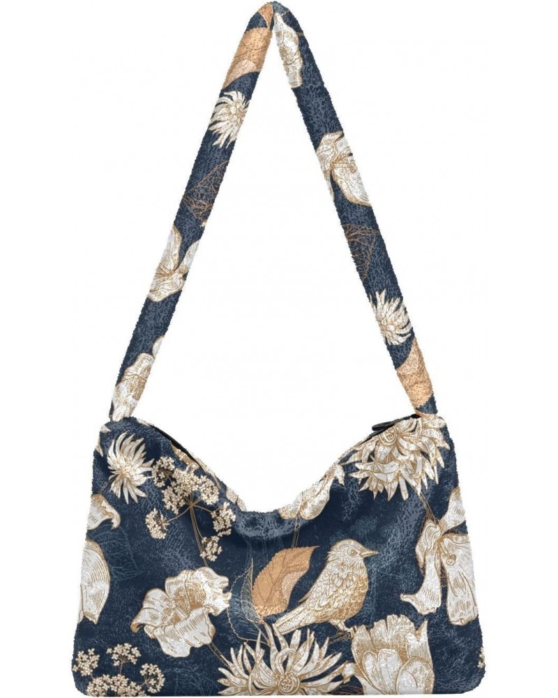 Plush Underarm Bag, (Vintage Bird Floral) Fluffy Shoulder Bag Women Ladies Tote Bag, Cute Furry Purse, Small Handbag Bag for ...