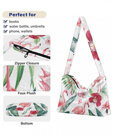 Flamingo Floral Tropical Palm Leaves Fluffy Crossbody Bag Furry Tote Bags for Women Fuzzy Purse Handbag Lady Shoulder Bag Lar...