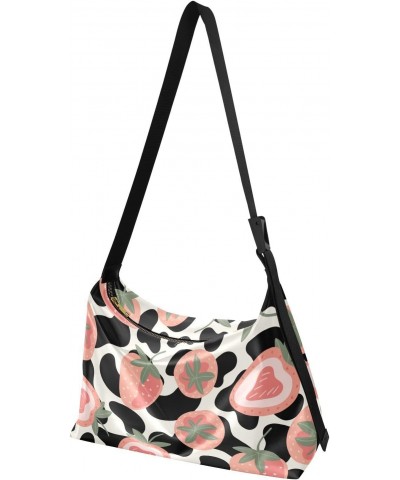 Pink Strawberries Black Spots Tote Bag for Women Large Hobo Bags Crossbody Purse Leather Bags with Adjustable Strap for Women...