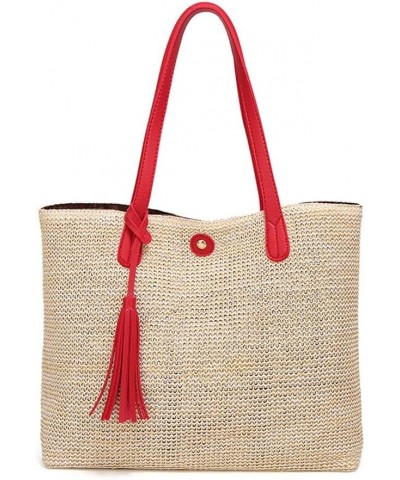 Women Straw Summer Beach Bag Handwoven Big Tote Leather Shoulder Handbag with Tassel Decorate (Red) $13.24 Totes