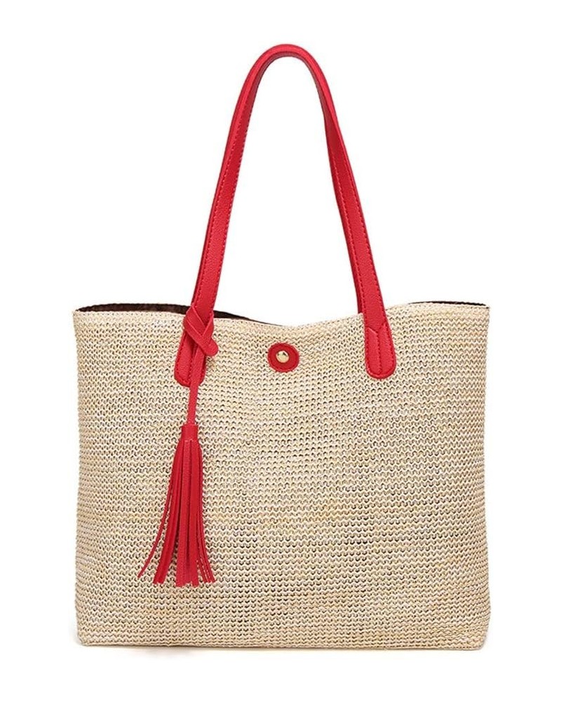 Women Straw Summer Beach Bag Handwoven Big Tote Leather Shoulder Handbag with Tassel Decorate (Red) $13.24 Totes