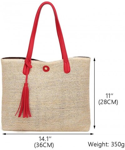 Women Straw Summer Beach Bag Handwoven Big Tote Leather Shoulder Handbag with Tassel Decorate (Red) $13.24 Totes