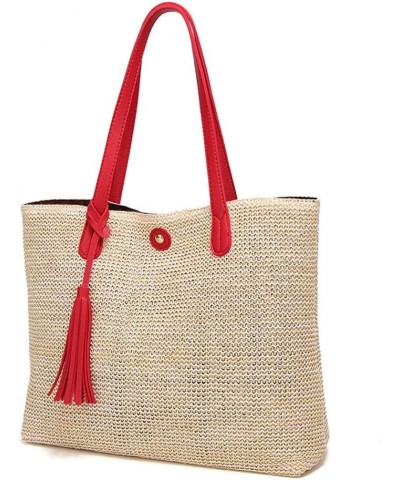 Women Straw Summer Beach Bag Handwoven Big Tote Leather Shoulder Handbag with Tassel Decorate (Red) $13.24 Totes