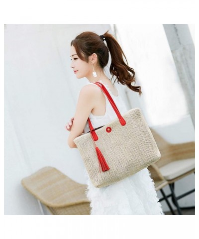 Women Straw Summer Beach Bag Handwoven Big Tote Leather Shoulder Handbag with Tassel Decorate (Red) $13.24 Totes