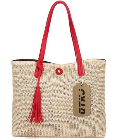 Women Straw Summer Beach Bag Handwoven Big Tote Leather Shoulder Handbag with Tassel Decorate (Red) $13.24 Totes